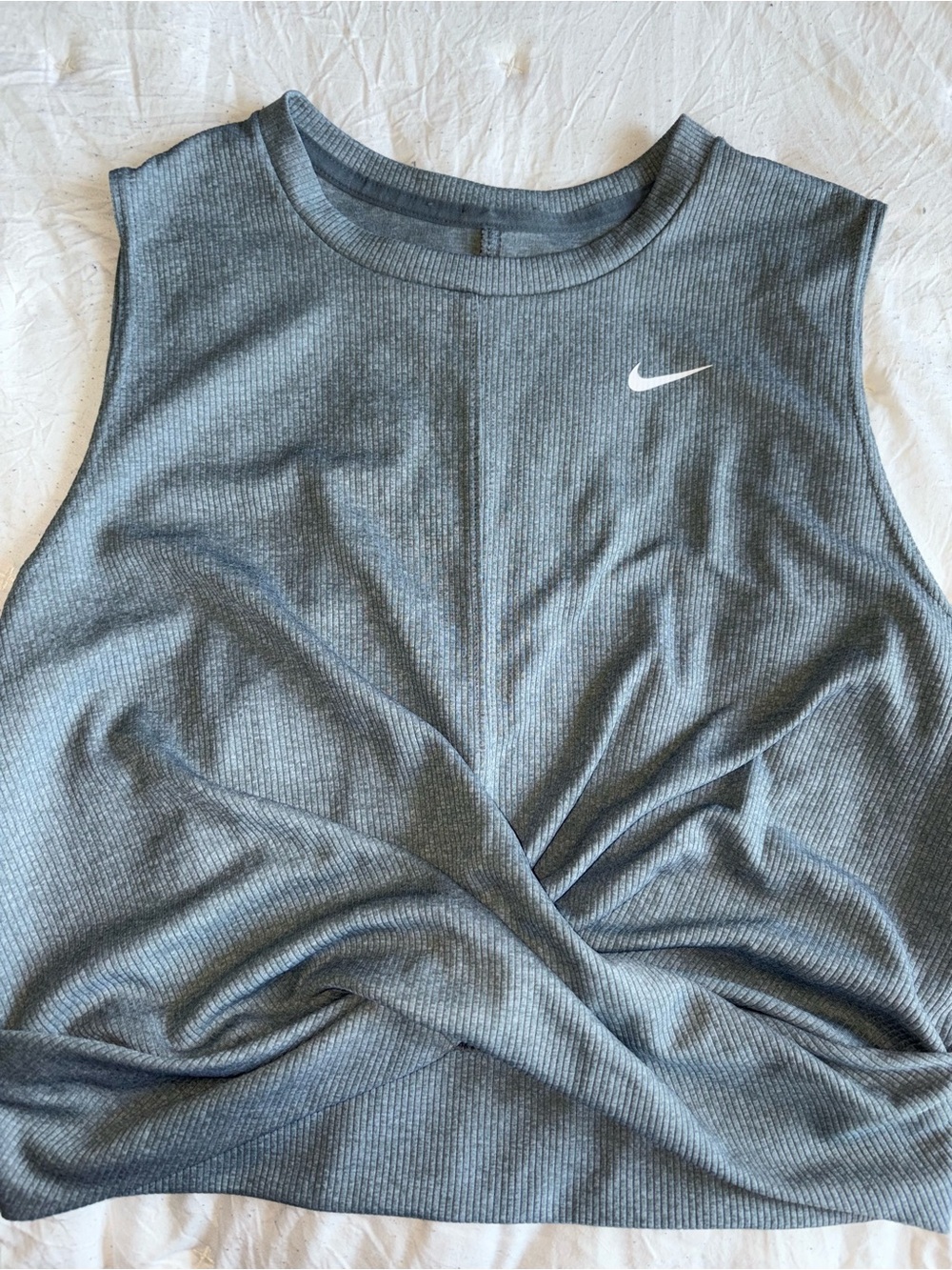 Nike Gray Ribbed Twist-Front Tank with White Swoosh